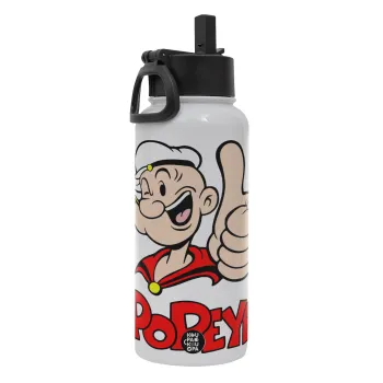 Popeye the sailor man, Metal mug thermo White with Straw and Spout Lid (Stainless steel), double wall, 950ml