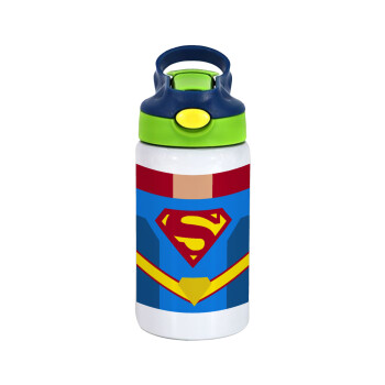 Superman flat, Children's hot water bottle, stainless steel, with safety straw, green, blue (350ml)