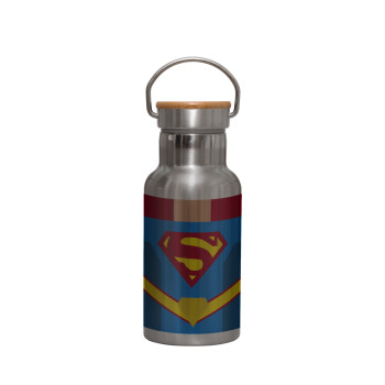 Superman flat, Μεταλλικό παγούρι θερμός (Stainless steel) Ασημένιο με ξύλινο καπακι (bamboo), διπλού τοιχώματος, 350ml