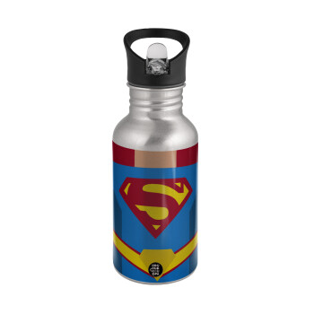 Superman flat, Water bottle Silver with straw, stainless steel 500ml