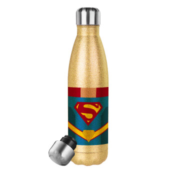 Superman flat, Μεταλλικό παγούρι θερμός Glitter χρυσό (Stainless steel), διπλού τοιχώματος, 500ml