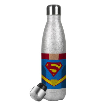 Superman flat, Μεταλλικό παγούρι θερμός Glitter Aσημένιο (Stainless steel), διπλού τοιχώματος, 500ml