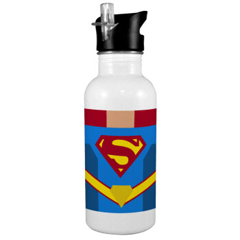 Superman flat, White water bottle with straw, stainless steel 600ml