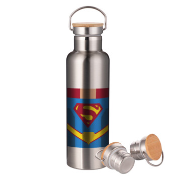 Superman flat, Stainless steel Silver with wooden lid (bamboo), double wall, 750ml