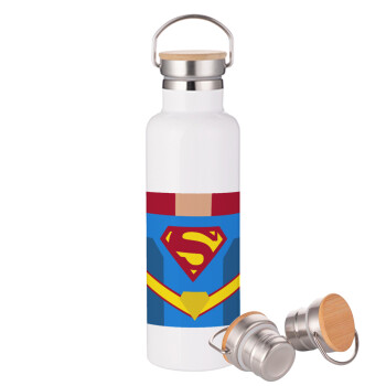 Superman flat, Stainless steel White with wooden lid (bamboo), double wall, 750ml