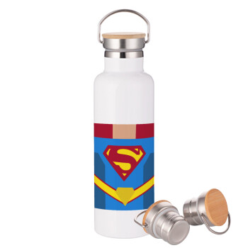 Superman flat, Μεταλλικό παγούρι θερμός (Stainless steel) Λευκό με ξύλινο καπάκι (bamboo), διπλού τοιχώματος, 750ml