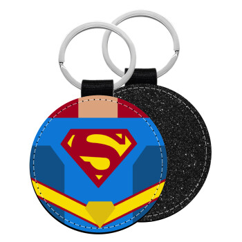 Superman flat, Μπρελόκ Δερματίνη, στρογγυλό ΜΑΥΡΟ (5cm)