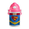 Superman flat, Ροζ παιδικό παγούρι πλαστικό (BPA-FREE) με καπάκι ασφαλείας, κορδόνι και καλαμάκι, 400ml