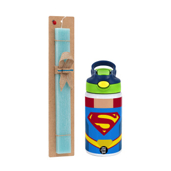 Superman flat, Easter Set, Children's thermal stainless steel bottle with safety straw, green/blue (350ml) & aromatic flat Easter candle (30cm) (TURQUOISE)