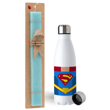 Superman flat, Easter Set, metallic stainless steel water bottle (750ml) & aromatic flat Easter candle (30cm) (TURQUOISE)
