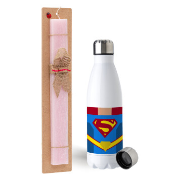 Superman flat, Easter Set, metallic stainless steel water bottle (750ml) & scented flat Easter candle (30cm) (PINK)