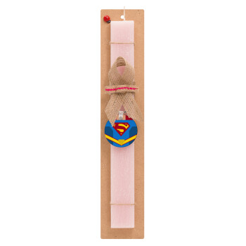 Superman flat, Πασχαλινό Σετ, ξύλινο μπρελόκ & πασχαλινή λαμπάδα αρωματική πλακέ (30cm) (ΡΟΖ)