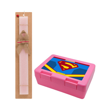 Superman flat, Πασχαλινό Σετ, παιδικό δοχείο κολατσιού ΡΟΖ & πασχαλινή λαμπάδα αρωματική πλακέ (30cm) (ΡΟΖ)