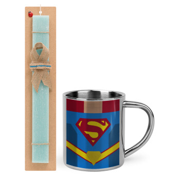 Superman flat, Πασχαλινό Σετ, μεταλλική κούπα θερμό (300ml) & πασχαλινή λαμπάδα αρωματική πλακέ (30cm) (ΤΙΡΚΟΥΑΖ)