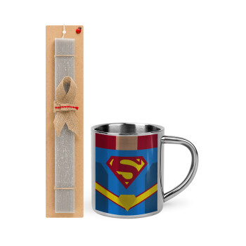 Superman flat, Πασχαλινό Σετ, μεταλλική κούπα θερμό (300ml) & πασχαλινή λαμπάδα αρωματική πλακέ (30cm) (ΓΚΡΙ)