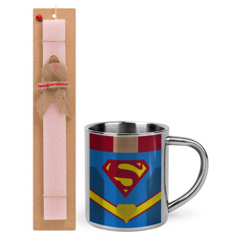 Superman flat, Πασχαλινό Σετ, μεταλλική κούπα θερμό (300ml) & πασχαλινή λαμπάδα αρωματική πλακέ (30cm) (ΡΟΖ)