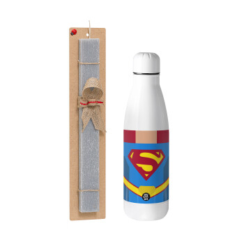 Superman flat, Πασχαλινό Σετ, μεταλλικό παγούρι θερμός ανοξείδωτο (500ml) & πασχαλινή λαμπάδα αρωματική πλακέ (30cm) (ΓΚΡΙ)