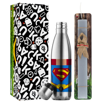 Superman flat, Easter Set, metallic stainless thermos flask (500ml) & scented flat Easter candle (30cm) (GRAY)