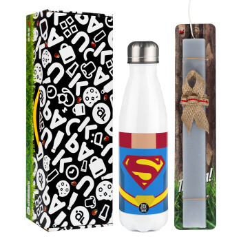 Superman flat, Easter candle, metallic white thermos bottle (500ml) & aromatic flat candle (30cm) (GRAY)