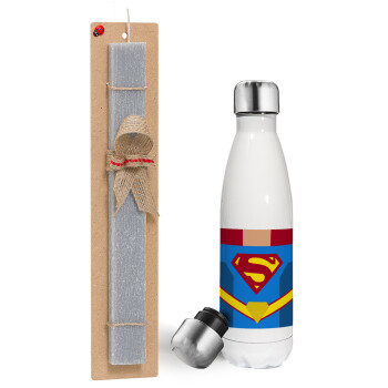 Superman flat, Πασχαλινή λαμπάδα, μεταλλικό παγούρι θερμός λευκός (500ml) & λαμπάδα αρωματική πλακέ (30cm) (ΓΚΡΙ)