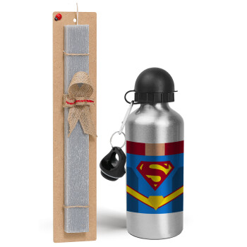 Superman flat, Πασχαλινό Σετ, παγούρι μεταλλικό Ασημένιο αλουμινίου (500ml) & πασχαλινή λαμπάδα αρωματική πλακέ (30cm) (ΓΚΡΙ)