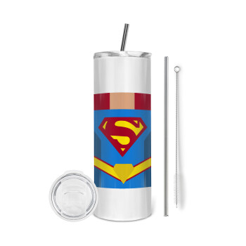 Superman flat, Tumbler ποτήρι θερμό από ανοξείδωτο ατσάλι 600ml, με μεταλλικό καλαμάκι & βούρτσα καθαρισμού