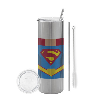 Superman flat, Eco friendly ποτήρι θερμό Ασημένιο (tumbler) από ανοξείδωτο ατσάλι 600ml, με μεταλλικό καλαμάκι & βούρτσα καθαρισμού
