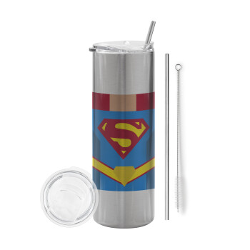 Superman flat, Tumbler ποτήρι θερμό Ασημένιο από ανοξείδωτο ατσάλι 600ml, με μεταλλικό καλαμάκι & βούρτσα καθαρισμού