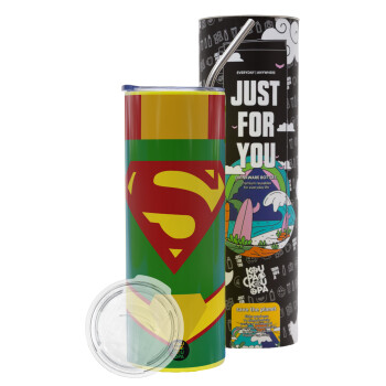 Superman flat, Neon Yellow Travel Tumbler, with metal straw (Stainless steel 304 Food grade, BPA free, 600ml)