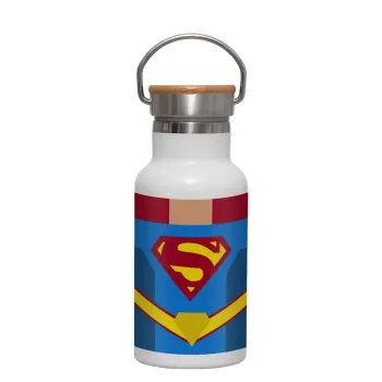 Superman flat, Metallic thermos (Stainless steel) White with wooden lid (bamboo), double-walled, 350ml