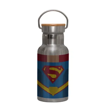 Superman flat, Μεταλλικό παγούρι θερμός (Stainless steel) Ασημένιο με ξύλινο καπακι (bamboo), διπλού τοιχώματος, 350ml