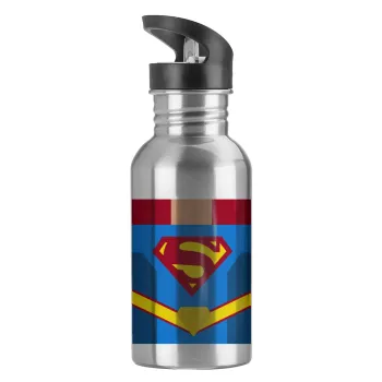 Superman flat, Water bottle Silver with straw, stainless steel 600ml
