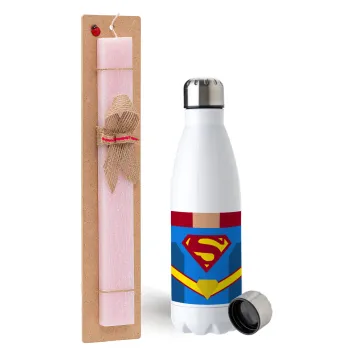 Superman flat, Easter Set, metallic stainless steel water bottle (750ml) & scented flat Easter candle (30cm) (PINK)