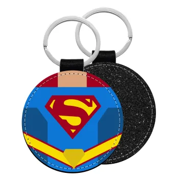Superman flat, Μπρελόκ Δερματίνη, στρογγυλό ΜΑΥΡΟ (5cm)