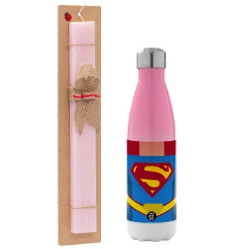 Superman flat, Easter Set, Metallic pink/white (Stainless steel) thermos, double-walled, 500ml & aromatic flat Easter candle (30cm) (PINK)