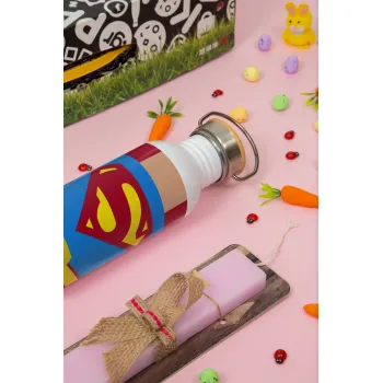 Superman flat, Πασχαλινή Λαμπάδα με παγούρι μεταλλικό (620ml, stainless steel) & κερί αρωματικό πλακέ (30cm) (ΡΟΖ)