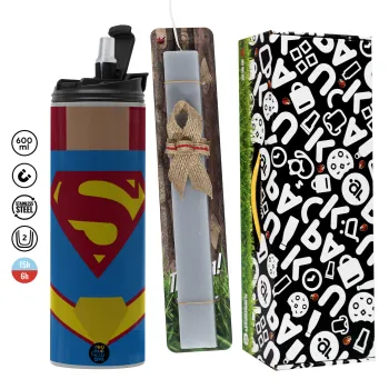 Superman flat, Πασχαλινή Λαμπάδα με Travel Tumbler θερμό (600ml, BPA free) & κερί αρωματικό πλακέ (30cm) (ΓΚΡΙ)
