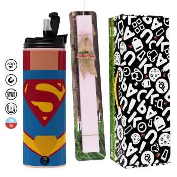 Superman flat, Πασχαλινή Λαμπάδα με  ΡΟΖ Travel Tumbler θερμό (600ml, BPA free) & κερί αρωματικό πλακέ (30cm) (ΡΟΖ)