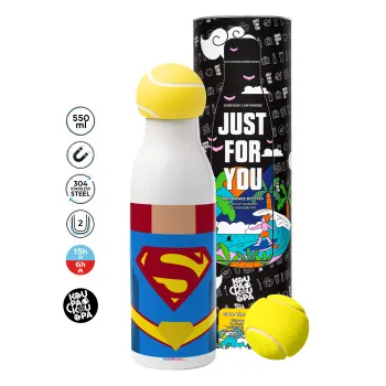 Superman flat, Μπάλα τένις μεταλλικό παγούρι θερμός, διπλού τοιχώματος, 550ml