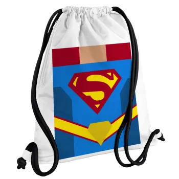 Superman flat, Backpack pouch GYMBAG white, with pocket (40x48cm) & thick cords