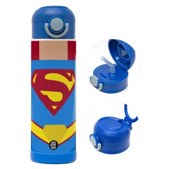Superman flat, Children's hot water bottle, stainless steel, with safety straw, BLUE (500ml)