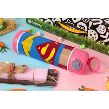 Superman flat, Easter candle, Childrens hot water bottle, stainless steel, with safety straw, PINK (500ml)