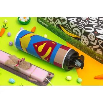 Superman flat, Πασχαλινή Λαμπάδα με Travel Tumbler θερμό με διπλό καπάκι (600ml, BPA free) & κερί αρωματικό πλακέ (30cm) (ΡΟΖ)