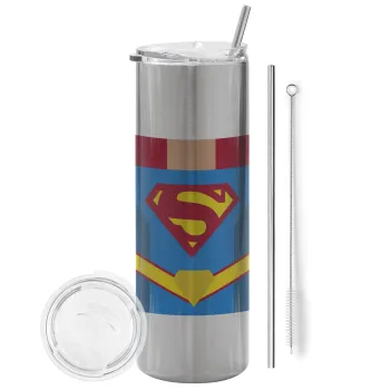 Superman flat, Tumbler stainless steel Silver 600ml, with metal straw & cleaning brush