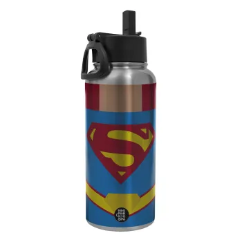 Superman flat, Μεταλλικό παγούρι θερμός Silver με καλαμάκι και χερούλι (Stainless steel), διπλού τοιχώματος, 950ml