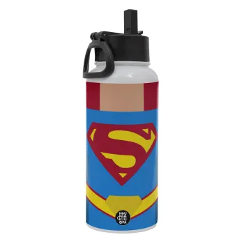 Superman flat, Metal mug thermo White with Straw and Spout Lid (Stainless steel), double wall, 950ml