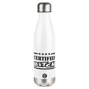 Certified Bitch, Μεταλλικό παγούρι θερμός Λευκό (Stainless steel), διπλού τοιχώματος, 500ml