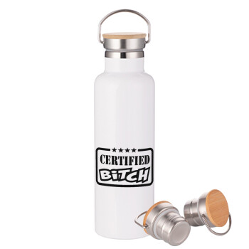 Certified Bitch, Stainless steel White with wooden lid (bamboo), double wall, 750ml