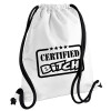 Certified Bitch, Τσάντα πλάτης πουγκί GYMBAG λευκή, με τσέπη (40x48cm) & χονδρά κορδόνια
