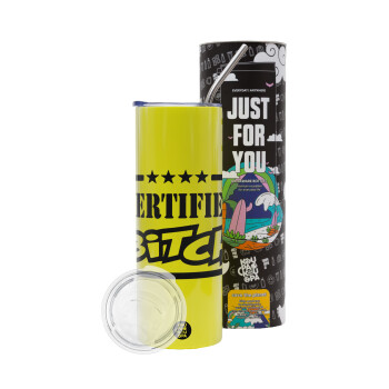 Certified Bitch, Neon Yellow Travel Tumbler θερμό, μεταλλικό καλαμάκι(Ανωξείδωτο 304 Food grade, BPA free, 600ml)